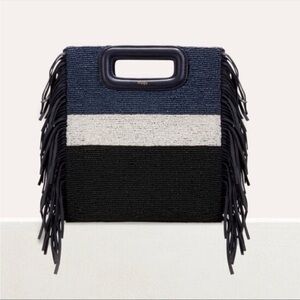 Maje Black, Blue, and White Beaded Leather Fringe Clutch Bag